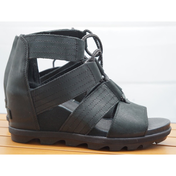 SOREL Women's Joanie Sandal Size 9 Black Leather Strappy Lace Up Wedge Heel Shoe - Picture 1 of 10